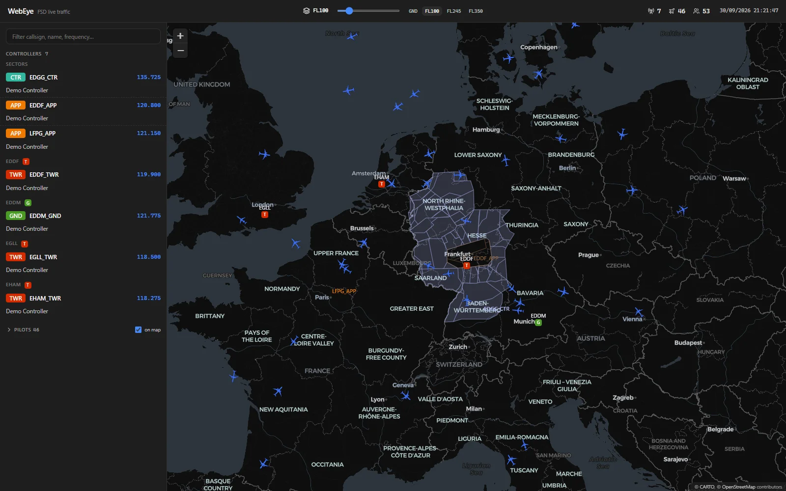 WebEye showing traffic and controller sectors over Europe (demo data)