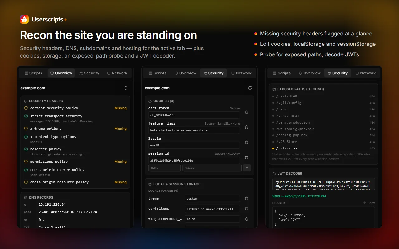 The Userscripts+ side panel showing security headers, cookies and exposed paths